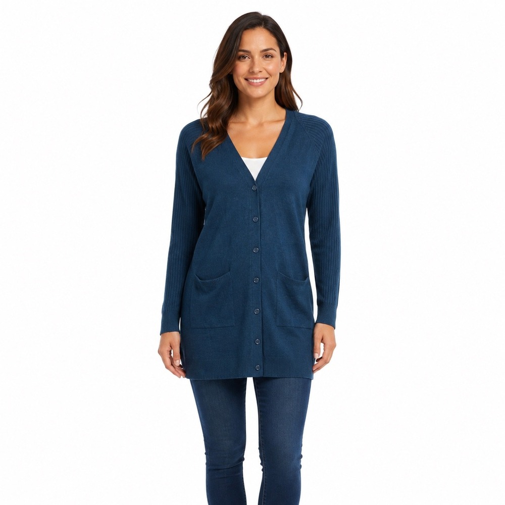 Maurices Dark Teal Ribbed Sleeve Longline Button Front Cardigan Size M